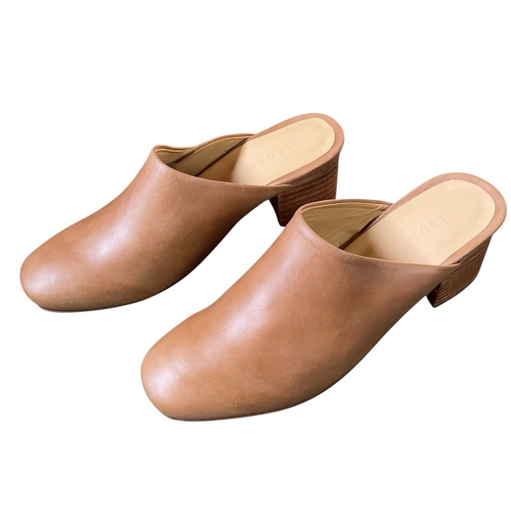 Nisolo All Day Heeled Mule Clogs Womens 7.5 Tan Leather Slip On Block Heel